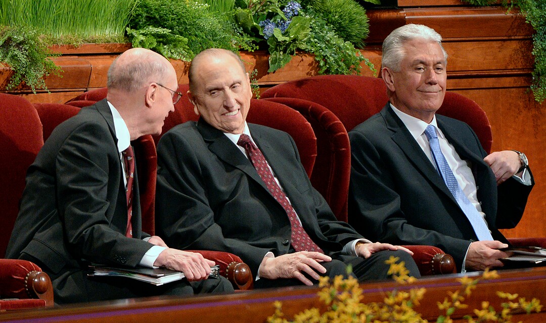 (Al Hartmann  |  The Salt Lake Tribune ) President Thomas S. Monson (center) with Henry B. Eyring (left) and Dieter F. Uchtdorf (right), at the 185th LDS General Conference on April 5, 2015.