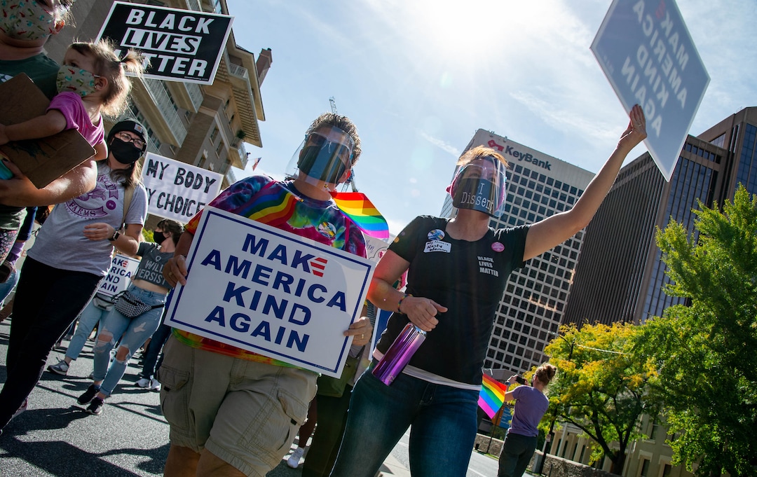 (Francisco Kjolseth  |  The Salt Lake Tribune) Demonstrators gather in Salt Lake City, uniting with Women’s March rallies happening in Washington D.C. and around the country on Saturday, Oct. 17, 2020, to signal their opposition to President Donald Trump and his agenda, including his push to fill the seat of late Supreme Court Justice Ruth Bader Ginsburg before election day.