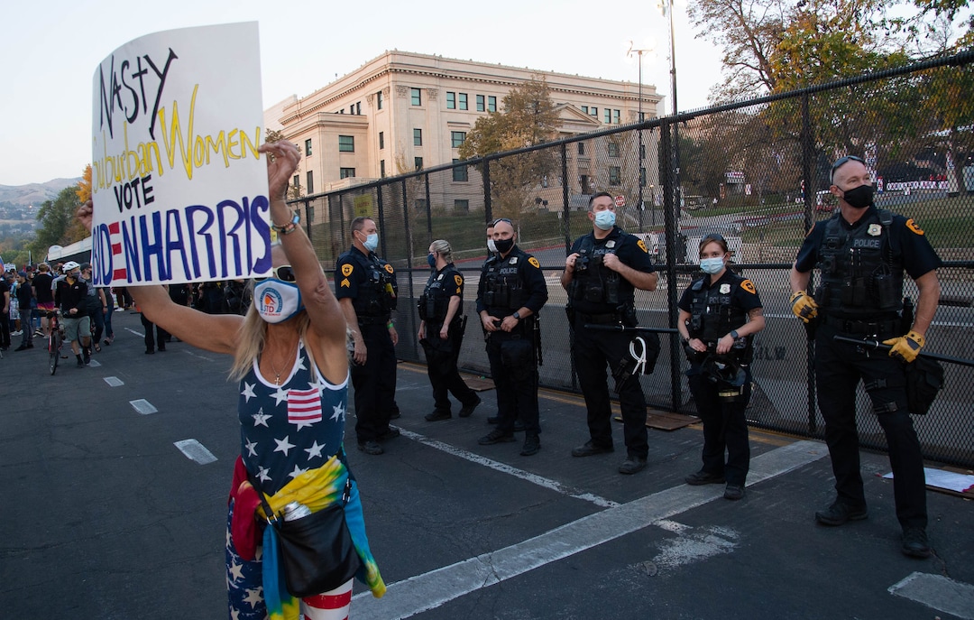 (Francisco Kjolseth  |  The Salt Lake Tribune) Supporters and counter protesters of President Donald Trump rally near Kingsbury Hall on the University of Utah campus in Salt Lake City on Wednesday, Oct. 7, 2020, during the vice presidential debate.