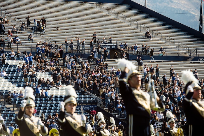 (Chris Detrick  |  The Salt Lake Tribune)  The BYU marching band performs before the game against San Jose State at LaVell Edwards Stadium Saturday, October 28, 2017.  