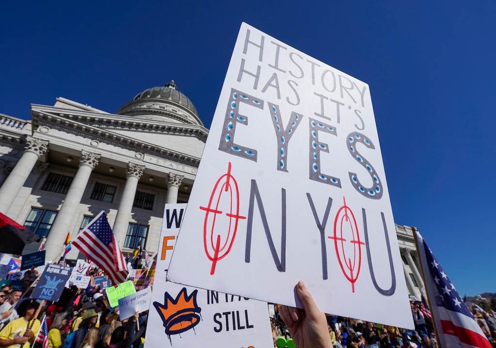 (Chris Samuels | The Salt Lake Tribune) People attend a “No Kings” rally at the Capitol in Salt Lake City, Saturday, Oct. 18, 2025.