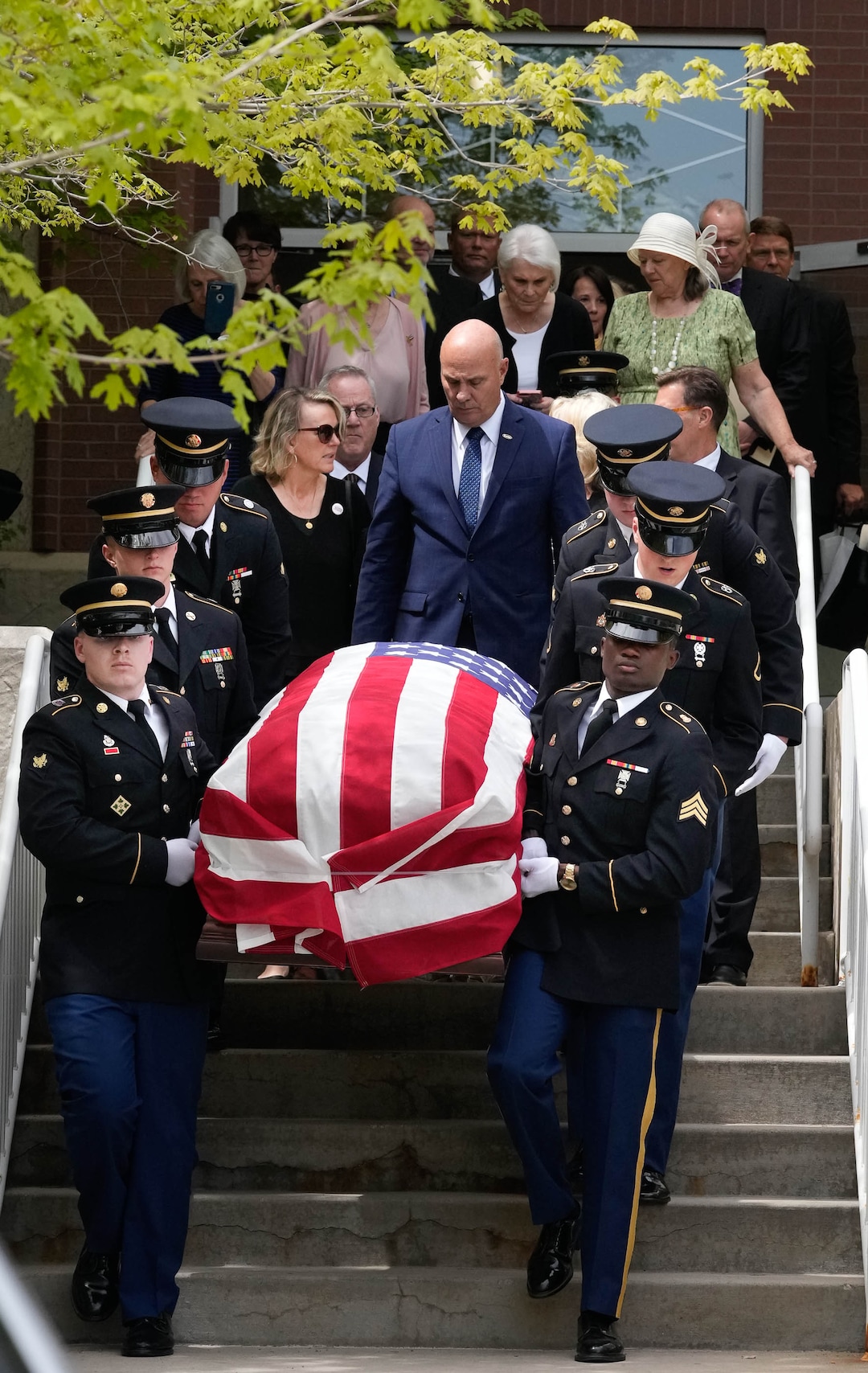 (Francisco Kjolseth | The Salt Lake Tribune) Pallbearers carry the casket of former U.S. Sen. Orrin Hatch after funeral services at The Church of Jesus Christ of Latter-day Saints Institute of Religion in Salt Lake City on Friday, May 6, 2022. Hatch, the longest-serving Republican senator in U.S. history and the longest-serving from Utah, died April 23 at age 88.