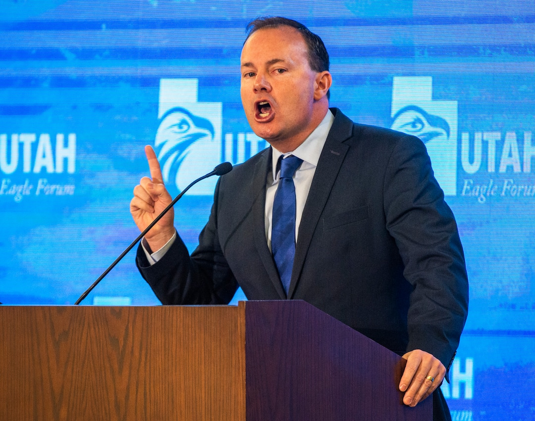 (Rick Egan  |  The Salt Lake Tribune)     Mike Lee shares his feelings about the Iran military briefing while speaking at the Utah Eagle Forum Convention, in Sandy, Saturday, Jan. 11, 2020.