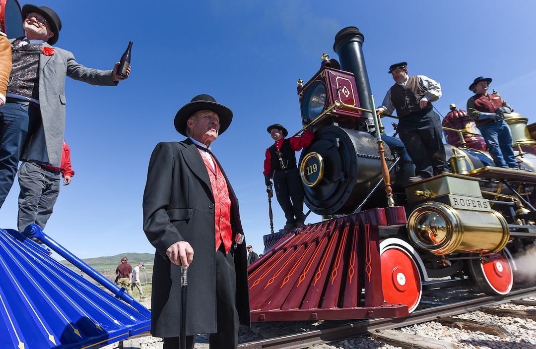 (Francisco Kjolseth  |  The Salt Lake Tribune)  Patrick Jeffery of Park City, a volunteer who works on the Golden Spike trains joins the festivities on Friday May 10, 2019, in celebration of the 150th anniversary of the completion of the transcontinental railroad at Promontory Summit where the two rails met back on May 10, 1869.