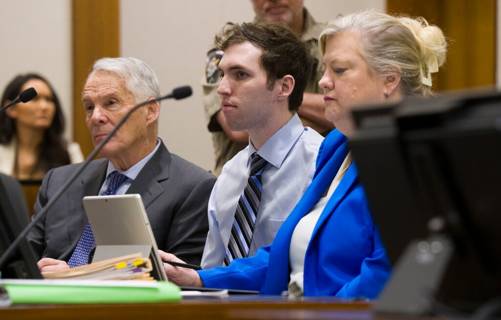 (Bethany Baker | The Salt Lake Tribune) Tyler Robinson, center, appears during a hearing in 4th District Court in Provo in January.