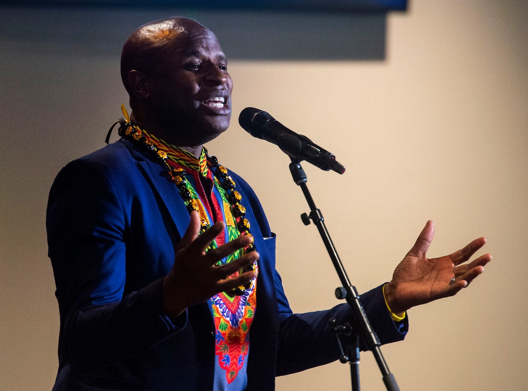 (Rick Egan  |  The Salt Lake Tribune)     Singer Alex Boye performs during a presentation as Roots of Humanity Foundation unveils the first three of its "7 Pillars" windows, created by artist Tom Holdman, at the 100 Club room at the Vivint Smart Home Arena, Sunday, Aug. 25, 2019.