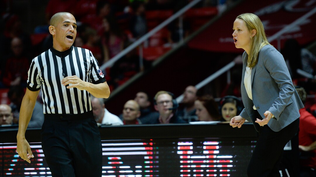 (Francisco Kjolseth  |  The Salt Lake Tribune)  Utah womenÕs head basketball coach Lynn Roberts argues a call with one of the ref's in Utes' Pac-12 home opener at the Jon M Huntsman Center on Friday, Jan. 4, 2019. Off to one of their best starts in team history, their twelve in a row winning streak came to an end losing to the Sun Devils 63-65.