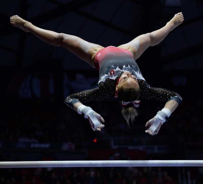 (Francisco Kjolseth  |  The Salt Lake Tribune)  MyKayla Skinner performs on the bars as Utah hosts Penn State in their season opener at the Huntsman Center in Salt Lake City on Saturday, Jan. 5, 2019.