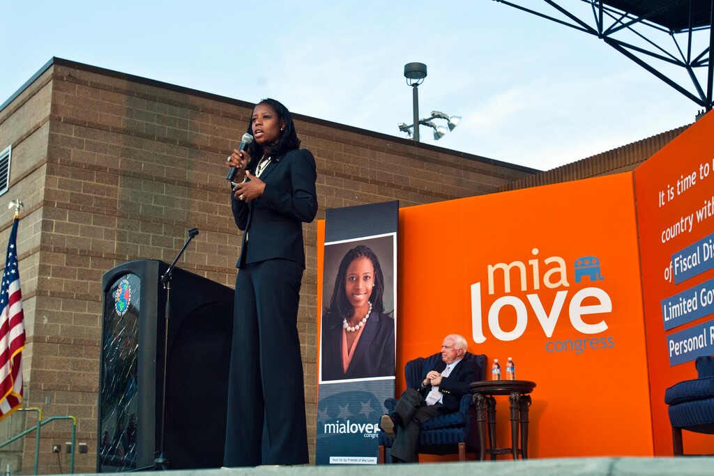 (Chris Detrick  |  The Salt Lake Tribune) Mia Love speaks during her rally at the Utah Cultural Celebration Center Thursday August 16, 2012.  John McCain spoke Thursday evening to a crowd of about 250 at a rally for the Love campaign, part of a swing through Western states by the 2008 Republican presidential nominee. Love is squaring off against Democratic Rep. Jim Matheson in the stateÕs new 4th District Congressional District.