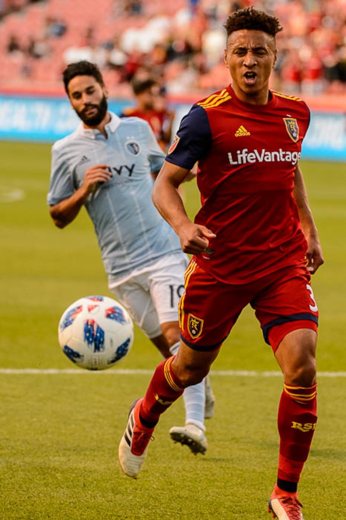 (Trent Nelson | The Salt Lake Tribune)
Real Salt Lake defender Adam Henley (3) reacts to a long pass as Real Salt Lake hosts Sporting Kansas City in a U.S. Open Cup match in Sandy, Wednesday June 6, 2018.