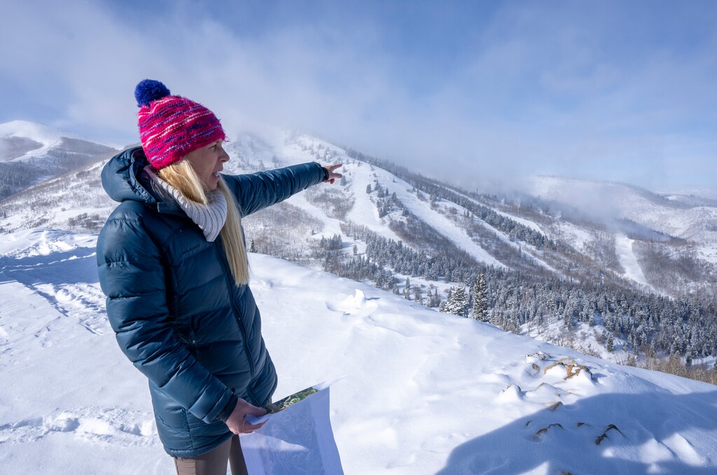 (Rick Egan | The Salt Lake Tribune) Brooke Hontz, the Vice President of Development for Extell Utah, points out the boundaries of the new Mayflower Ski Resort, which is being built on the backside of Deer Valley, on Friday, Dec. 16, 2022. Extell Development, builder of the resort, has agreed to commit more than 3,100 acres of the future ski area to a conservation easement.