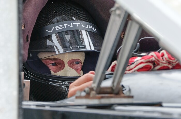 (Francisco Kjolseth  |  The Salt Lake Tribune)  Driver Roger Schroyer of the all electric Venturi vehicle from Ohio State University is wheeled back to the pit after a run during Speed Week at the Bonneville Salt Flats outside Wendover on Monday, Aug. 14, 2017.
