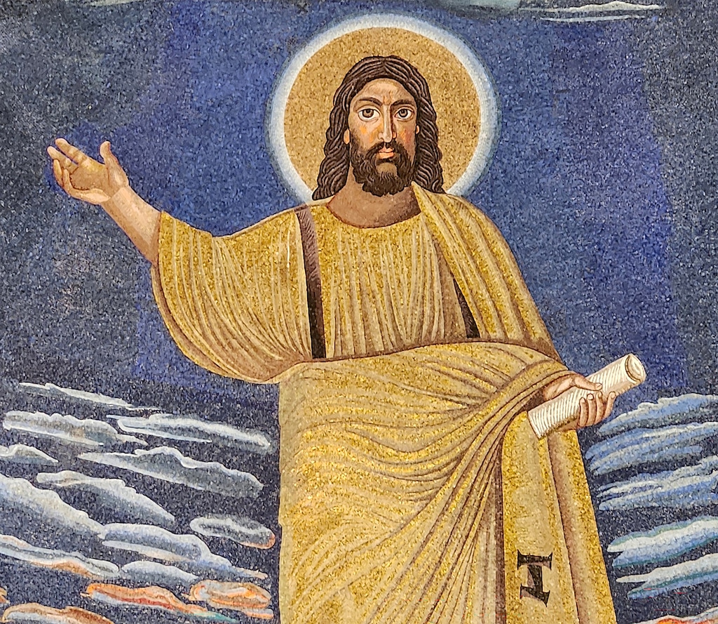(Mark Ellison) A detail of a sixth-century mosaic of Jesus Christ at Church of Saints Cosmas and Damian in Rome.