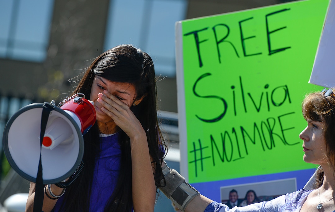 (Francisco Kjolseth | The Salt Lake Tribune)  Abigail Tapia, 15, becomes emotional as she speaks about missing her aunt, Silvia Juarez, who was detained by ICE agents in a Michaels parking lot last week in front of her 8-year-old daughter. Mormon Women for Ethical Government and other concerned citizens gathered at the Department of Homeland Security field office in West Valley City on Wed. May 3, 2017, in a show of solidarity for a young mother.