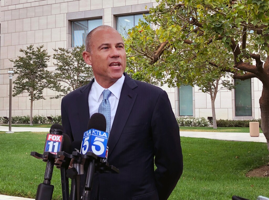 (Amy Taxin | AP) Attorney Michael Avenatti talks to the media outside of federal court in Santa Ana, Calif. on Wednesday, May 15, 2019. Avenatti has told a federal judge in California that he has hired a lawyer to represent him in a case alleging he stole millions of dollars from clients, cheated on taxes and committed bank fraud.