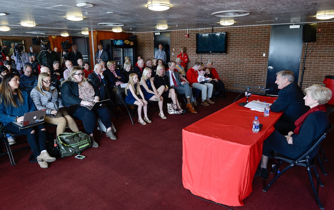 (Francisco Kjolseth  |  The Salt Lake Tribune)  University of Utah Athletics Director Chris Hill announces his plan to retire this spring after 31years. Joined by his wife Kathy and their kids and grandkids at the Jon M. Huntsman Center on campus on Monday, March 26, 2018, Hill is the longest actively tenured athletics director at the same school in the NCAA FBS.