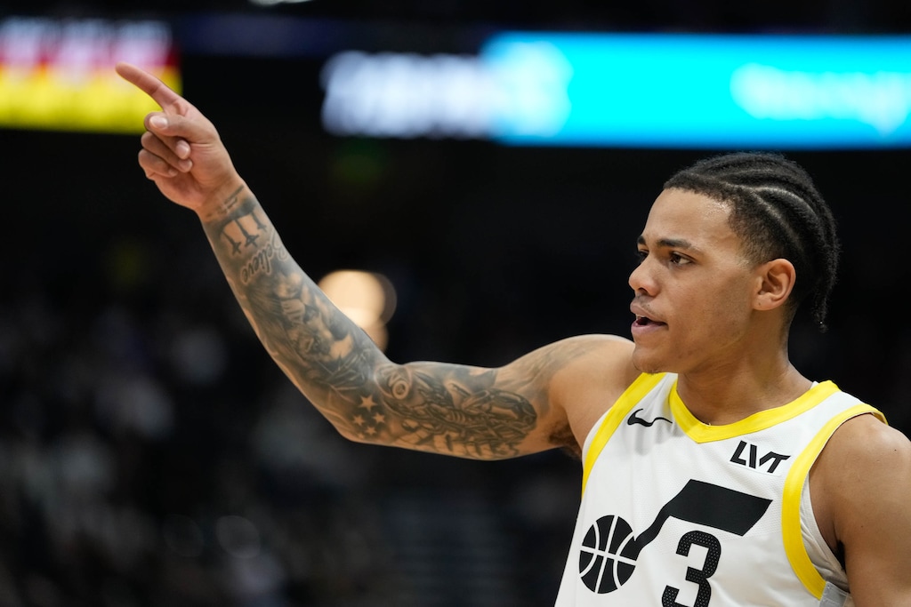 (Francisco Kjolseth  |  The Salt Lake Tribune) Utah Jazz guard Keyonte George (3) signals to his team as the Utah Jazz host the Cleveland Cavaliers in NBA action at the Delta Center in Salt Lake City on Tuesday, April 2, 2024.