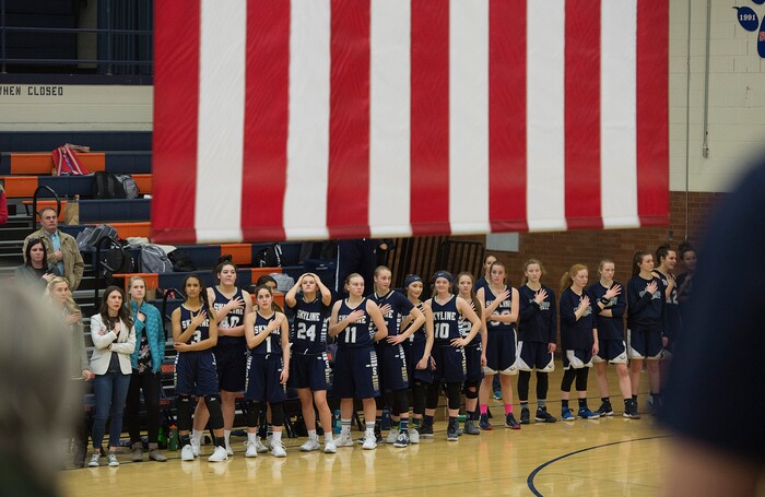 (Scott Sommerdorf   |  The Salt Lake Tribune)   Skyline players stand for the national anthem prior t the game at Brighton. Skyline defeated Brighton 66-33, Friday, January 5, 2018.