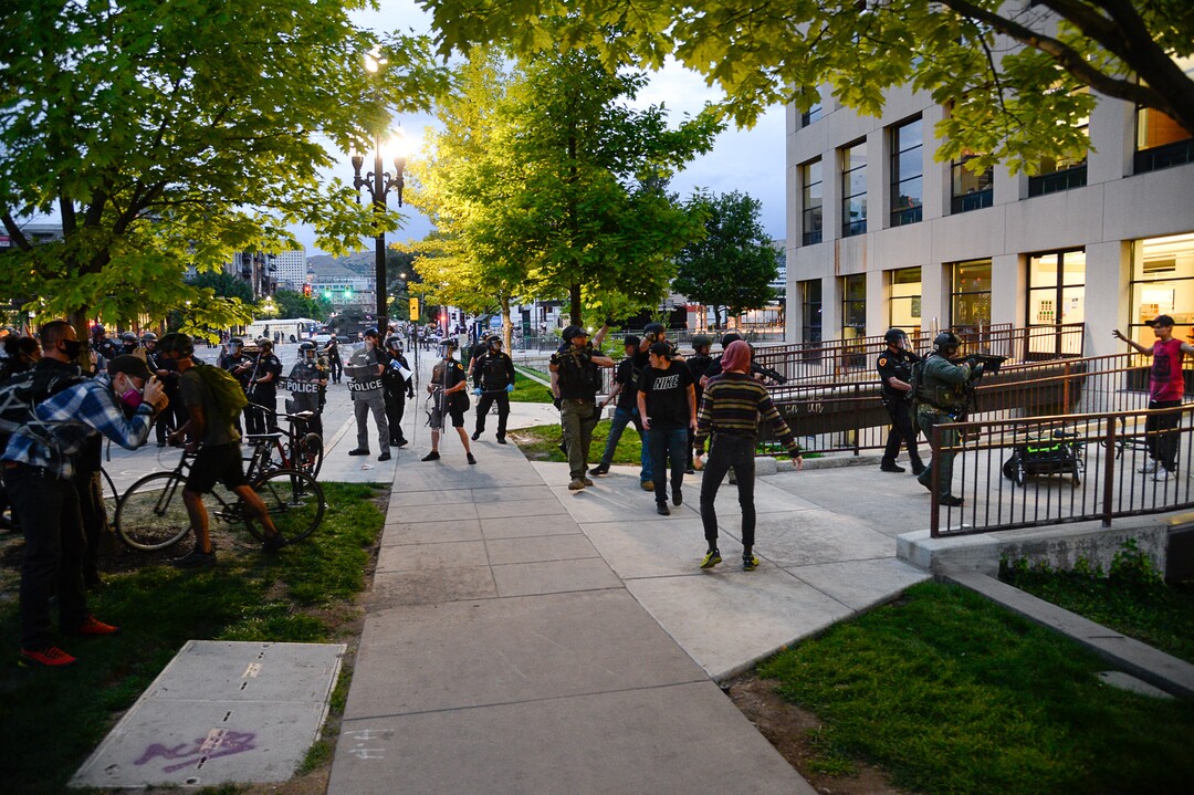 (Francisco Kjolseth  |  The Salt Lake Tribune) Police arrest Jarod Hartlerode, far right, after yelling "drop the pipe," multiple times. It is unclear what type of pipe they were referring to. While lying on his stomach an officer shot him in the back with a bean bag as hundreds of protesters took to the streets of Salt Lake City engaging with the police on Saturday, May 30, 2020. The protest was in response to the death of George Floyd in Minneapolis.