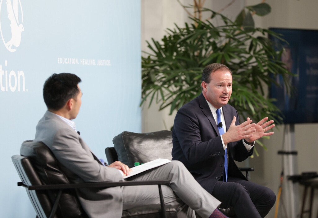 (Image courtesy of Malouf Foundation) U.S. Sen. Mike Lee, right, speaks at a human trafficking summit organized by the Malouf Foundation, the charitable arm of a Cache Valley-based mattress and bedding company, on Saturday, April 17, 2021.