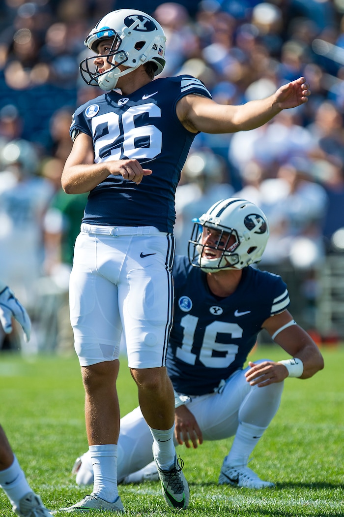 (Chris Detrick  |  The Salt Lake Tribune)  Brigham Young Cougars place kicker Rhett Almond (26) during the game at LaVell Edwards Stadium Saturday, August 26, 2017.