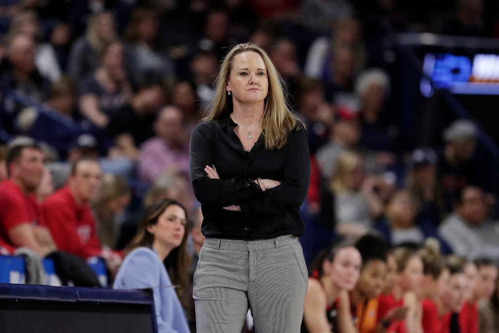 (Young Kwak | AP) Utah head coach Lynne Roberts watches during the first half of a second-round college basketball game against Gonzaga in the NCAA Tournament in Spokane, Wash., Monday, March 25, 2024.