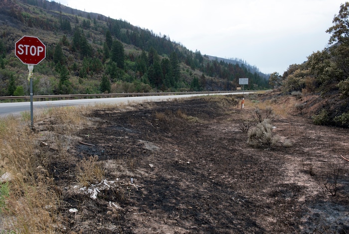 (Rick Egan  |  The Salt Lake Tribune)       The Dollar Ridge Fire near Fruitland jumped the road and closed Highway 40 for a shot time, Tuesday, July 10, 2018.


