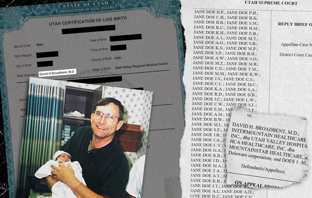 (Christopher Cherrington | The Salt Lake Tribune. Los documentos fueron obtenidos por The Salt Lake Tribune y ProPublica) David Broadbent, ginecobstetra, fotografiado con el recién nacido de Carmela en 1998, fue demandado por 94 mujeres que alegan que las agredió sexualmente.