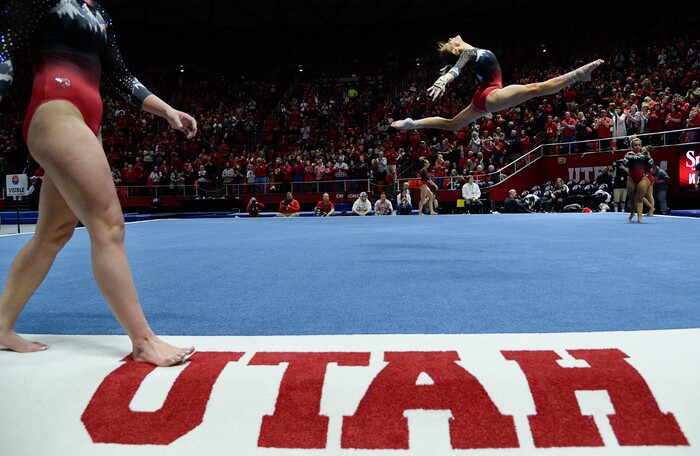 (Francisco Kjolseth  |  The Salt Lake Tribune)  Utah warms up on the floor as they host Penn State in their season opener at the Huntsman Center in Salt Lake City on Saturday, Jan. 5, 2019.
