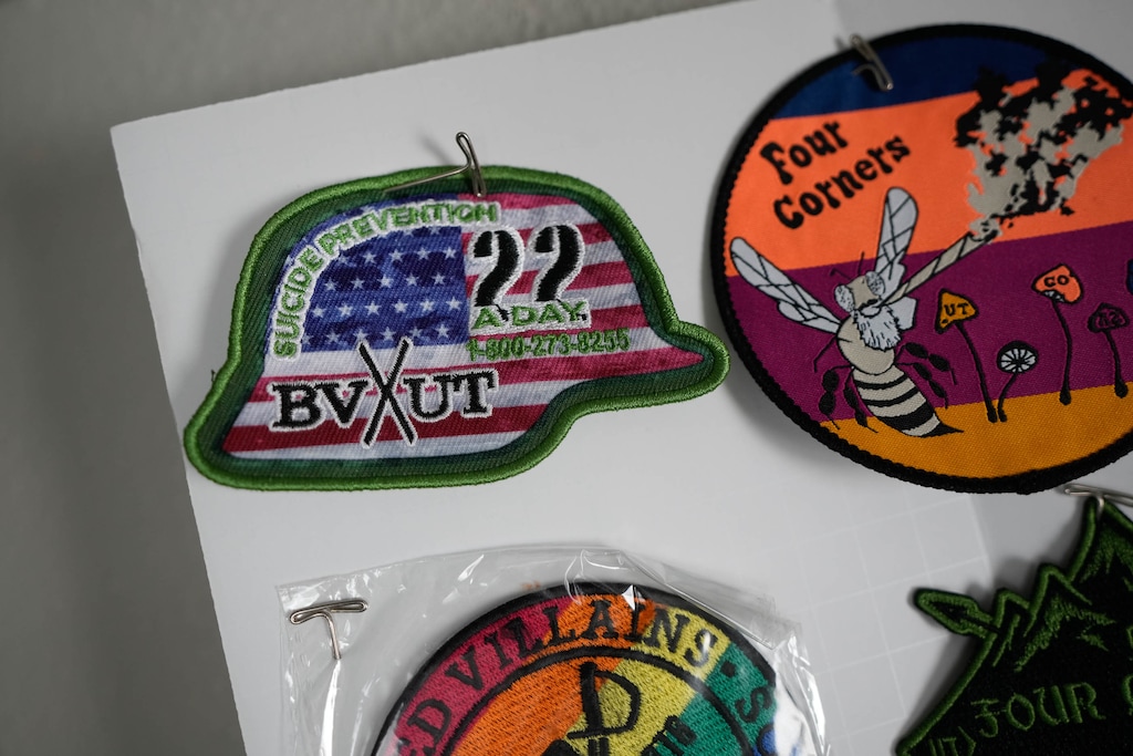 (Francisco Kjolseth | The Salt Lake Tribune) A patch created to bring awareness to the epidemic of veteran suicide, is one of many created by members of the Utah Villains, a local chapter of bearded gentlemen dedicated to charitable causes including Suicide Prevention Awareness, pictured on Monday, March 27, 2023.