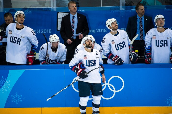 (Chris Detrick  |  The Salt Lake Tribune)  United States forward Jordan Greenway (18) United States forward Broc Little (14) United States forward Brian Gionta (12) United States forward Chad Kolarik (42) and United States defenseman Noah Welch (5) watch the replay of a goal during the United States vs Olympic Athletes from Russia hockey game at Gangneung Hockey Centre during the Pyeongchang 2018 Winter Olympics Saturday, Feb. 17, 2018. Olympic Athletes from Russia defeated United States 4-0.