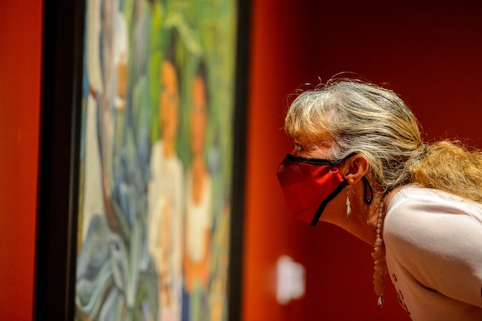 (Trent Nelson  |  The Salt Lake Tribune) Shari Lindsey looks at Diego Rivera’s La ofrenda as Utah Museum of Fine Arts in Salt Lake City opens for the first time in five months, with new COVID-19 restrictions in place, on Wednesday, Aug. 26, 2020.