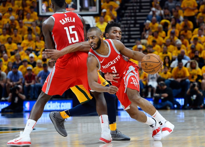 (Scott Sommerdorf | The Salt Lake Tribune)
Houston Rockets guard Chris Paul (3) gets past Utah Jazz center Rudy Gobert (27) using a second half screen form Houston Rockets center Clint Capela (15). The Rockets beat the Jazz 100-87, Sunday, May 6, 2018.