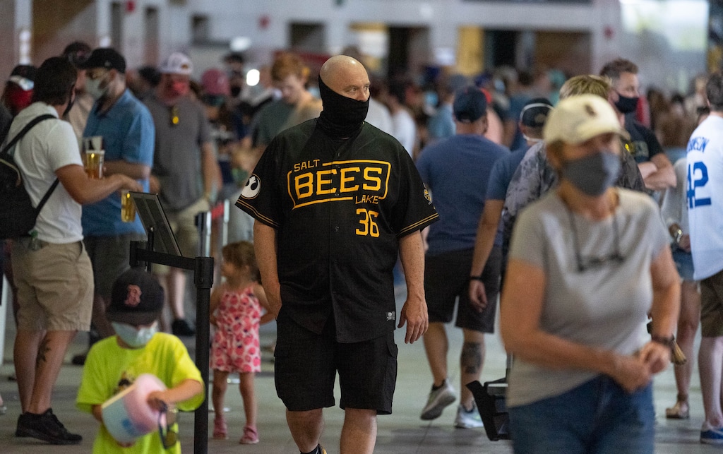 (Francisco Kjolseth | The Salt Lake Tribune) The Salt Lake Bees open their season at Smith’s Ballpark Thursday night, May 6, 2021, after shutting down last season due to the pandemic. The Bees had been operating at about 20% capacity but will open up all their seats starting May 27.