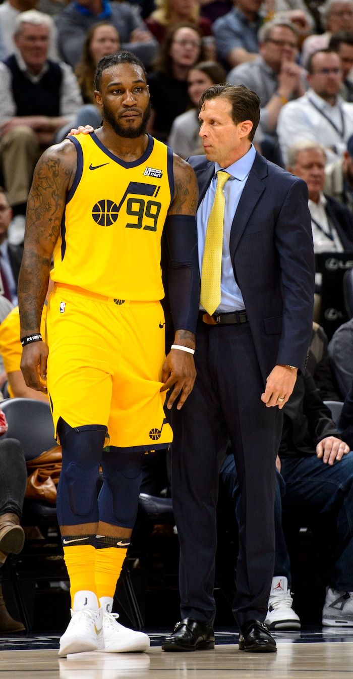 (Steve Griffin  |  The Salt Lake Tribune)  Utah Jazz head coach Quin Snyder talks with Utah Jazz forward Jae Crowder (99) during the Utah Jazz versus Detroit Pistons at Vivint Smart Home Arena in Salt Lake City Tuesday March 13, 2018.