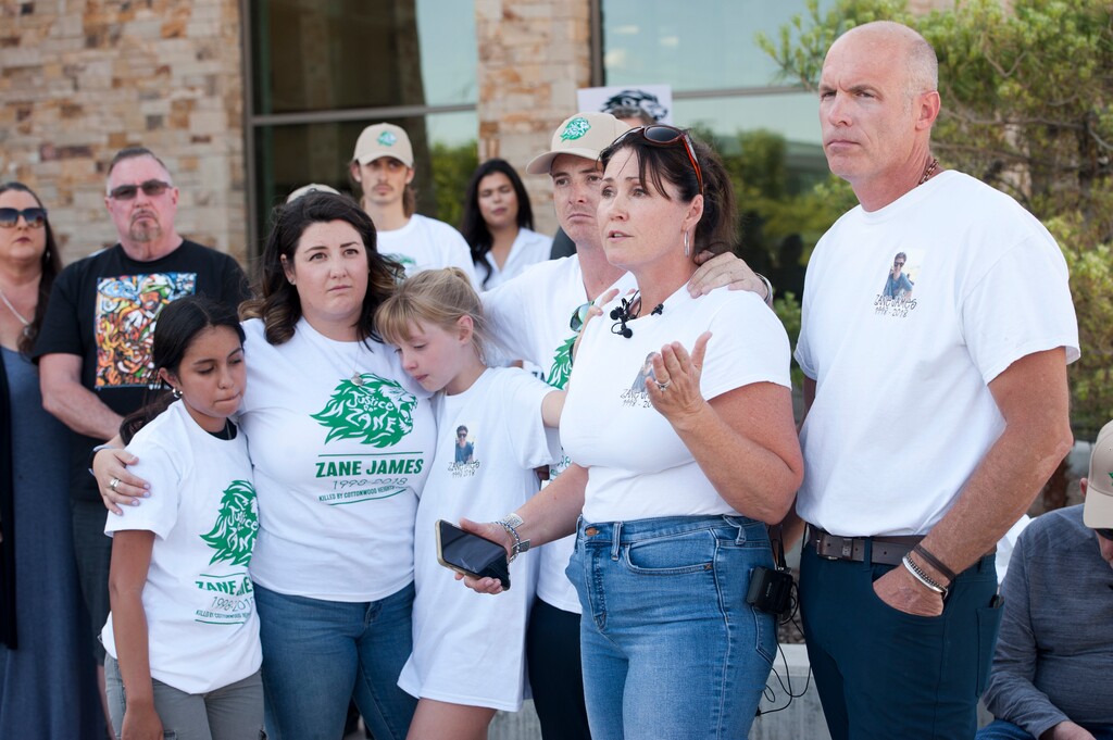 (Ed Kosmicki | Special to The Tribune) Members of the James family at a press conference in front of the Cottonwood Heights City Hall, Tuesday, July 5, 2022. Cottonwood Heights settled a lawsuit related to the police-involved killing of Zane James in 2018.