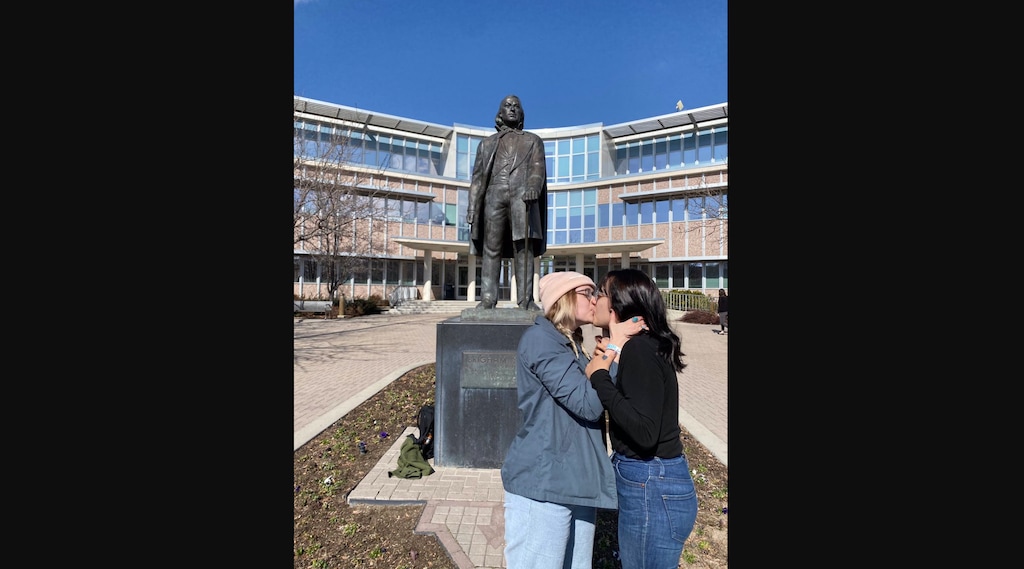 (Photo courtesy of Franchesca Lopez) BYU has removed part of its Honor Code referring to “Homosexual Behavior," which led some students to celebrate on campus. Franchesca Lopez posted this photo on Twitter, which she called "my first gay kiss."