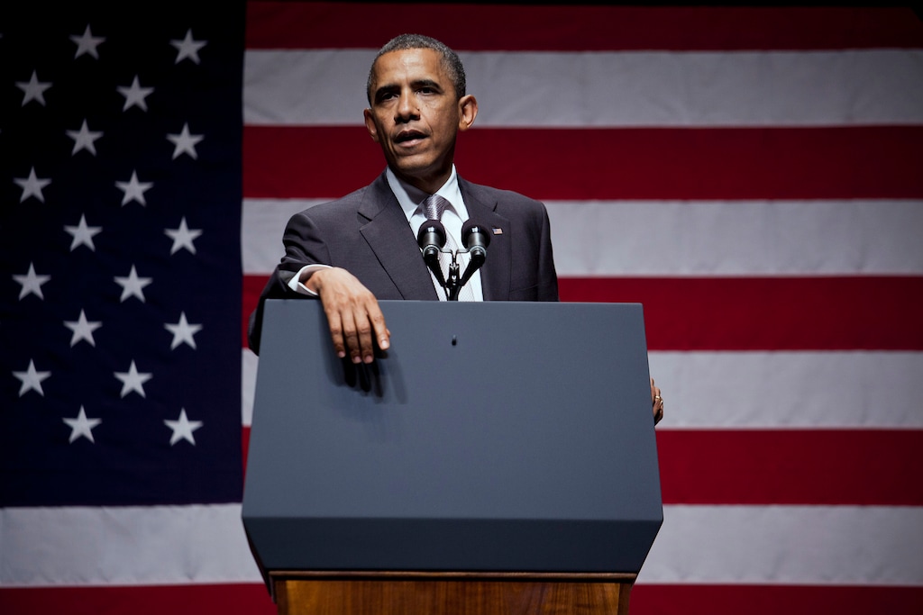 (Damon Winter | The New York Times) President Barack Obama drapes his arm over the lectern as he speaks at a campaign event at the Fillmore Miami Beach at Jackie Gleason Theater in Miami Beach, Fla., June 26, 2012.
"If the exhaustion with technocracy makes a socialist a viable nominee, that exhaustion plus a solid economy explains why the socialist may yet fall to an even more archaic breed — a party politician," writes Ross Douthat.