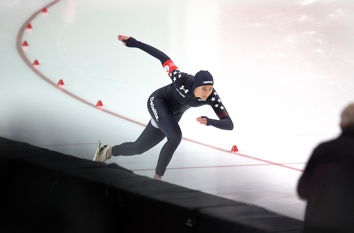 (Scott Sommerdorf | The Salt Lake Tribune)
Brittany Bowe skates to a 1:13.55 time and 6th place in the ladies 1000 meter race at the long-track speedskating World Cup at the Kearns Olympic Oval, Sunday, December 10, 2017.
