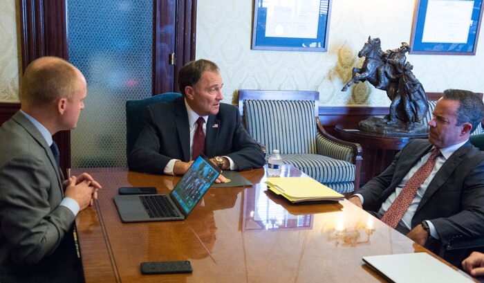 (Rick Egan  |  The Salt Lake Tribune)      Justin Harding, chief of staff for Gov. Herbert, sits in a meeting with Gov. Herbert,  Sen. Stuart Adams and Rep. Brad Wilson, at the governor's office, Tuesday, July 17, 2018.


