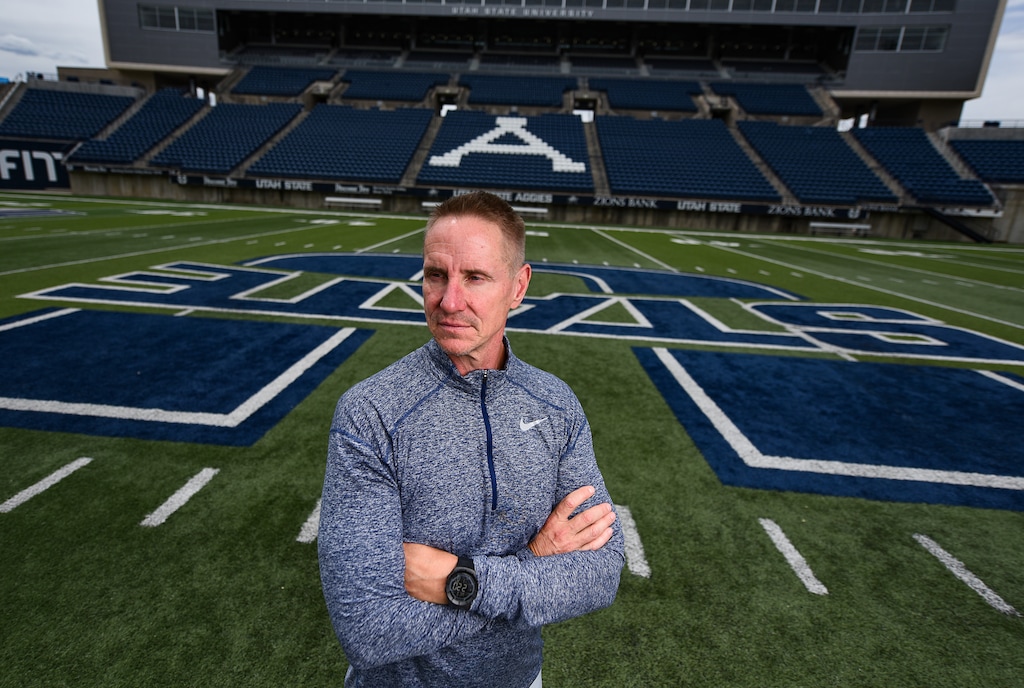 (Francisco Kjolseth  |  The Salt Lake Tribune)  Head coach Gary Anderson gets ready for the start of preseason camp for USU football on Wed. July 31, 2019.