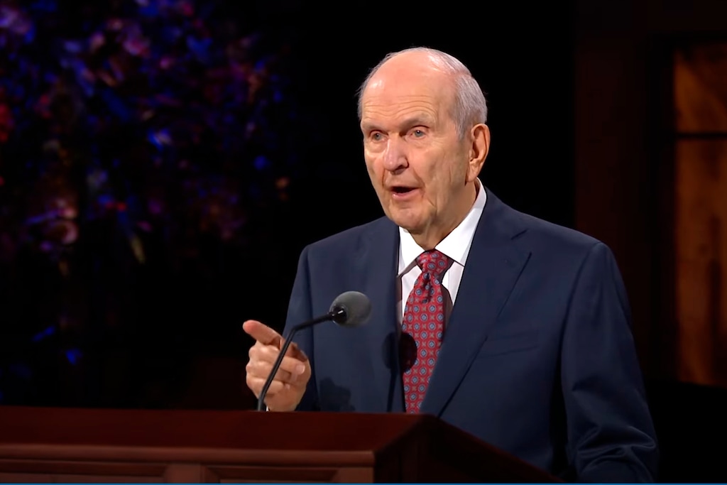(The Church of Jesus Christ of Latter-day Saints via AP) In this Oct. 3 image taken from video, Church of Jesus Christ of Latter-day Saints President Russell M. Nelson speaks during the opening of the 190th Semiannual General Conference at the Conference Center Theater on Temple Square in Salt Lake City. The twice-annual conference kicked off Saturday without anyone attending in person and top leaders sitting some 6-feet apart inside an empty room as the faith takes precautions to avoid the spread of the coronavirus. A livestream of the conference showed a few of the faith's top leaders sitting alone inside a small auditorium in Salt Lake City, Normally, top leaders sit side-by-side on stage with the religion's well-known choir behind them and some 20,000 people watching.