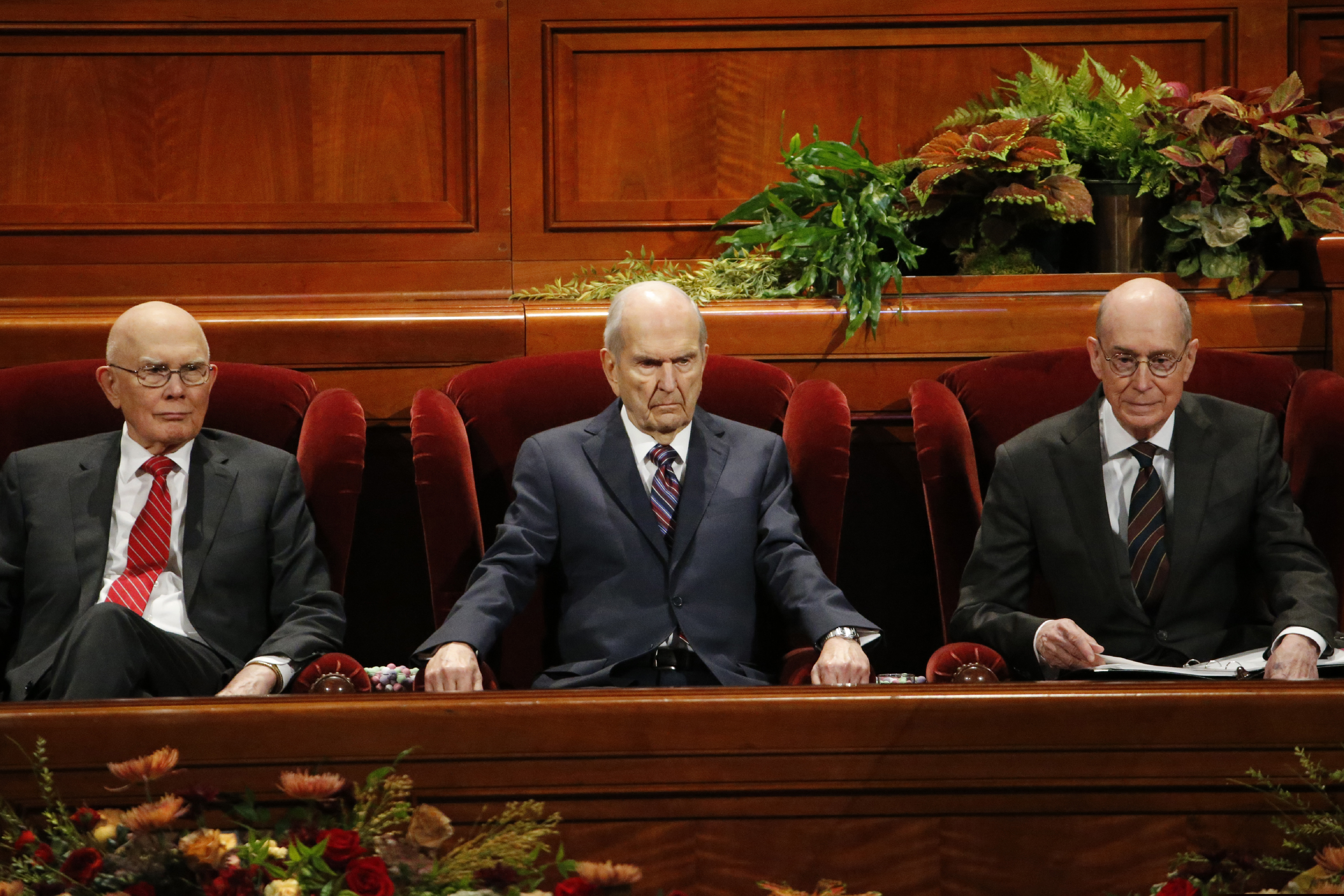 (Rick Bowmer | AP) The Church of Jesus Christ of Latter-day Saints' President Russell M. Nelson, center, sits with his counselors, Dallin H. Oaks, left, and Henry B. Eyring, right, during the twice-annual church conference Saturday, Oct. 5, 2019, in Salt Lake City. Nelson has rolled out a number of policy changes during his first two years at the helm of the faith, leading to heightened anticipation for what he may announce at this weekend's conference in Salt Lake City.