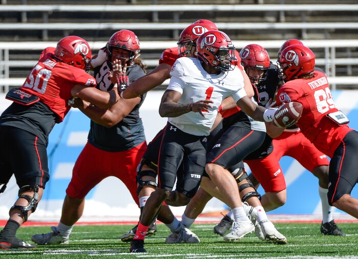 (Francisco Kjolseth  |  The Salt Lake Tribune)  The Utah Utes hold their first of two major scrimmages of spring practice at Rice Eccles stadium on Saturday, March 30, 2019, prior to the April 13 Red-White Game. Quarterback Tyler Huntley, #1, will face his first big test since he was injured Nov. 3 at Arizona State. 
