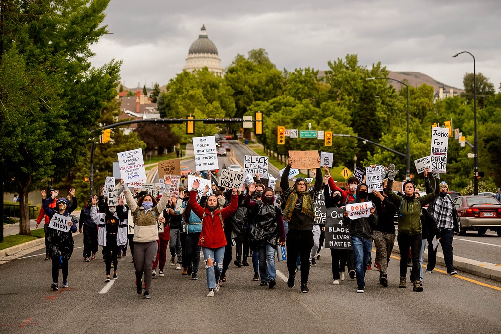 (Trent Nelson  |  The Salt Lake Tribune) Protesters march against police brutality in Salt Lake City on Sunday, June 7, 2020.