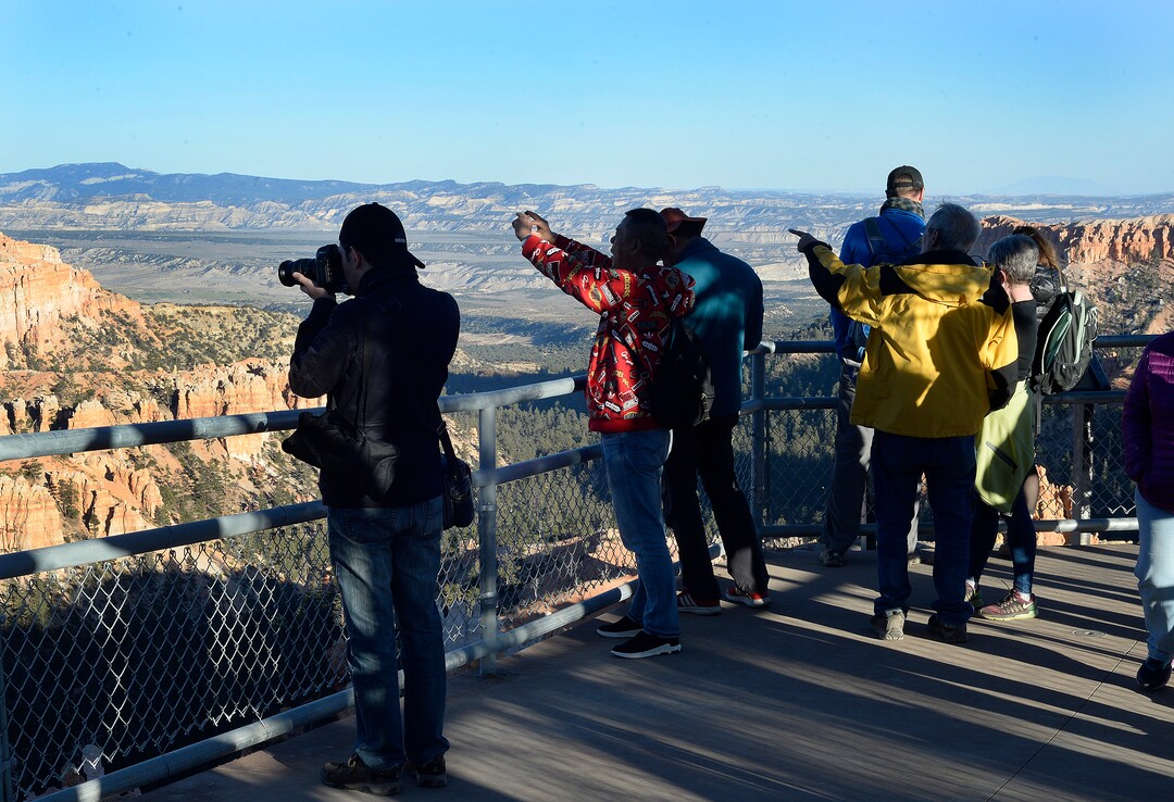 (Scott Sommerdorf | The Salt Lake Tribune)  Tourists make photos and enjoy the view at "Sunset Point" in Bryce Canyon National Park, Saturday, October 14, 2017.