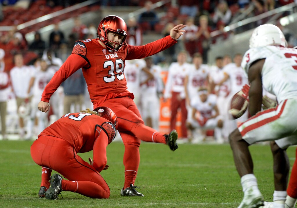 Steve Griffin / The Salt Lake Tribune
Utah Utes place kicker Andy Phillips (39) kicks the go ahead field goal late in the game during the Foster Farms Bowl at Levi's Stadium in Santa Clara California Wednesday December 28, 2016.