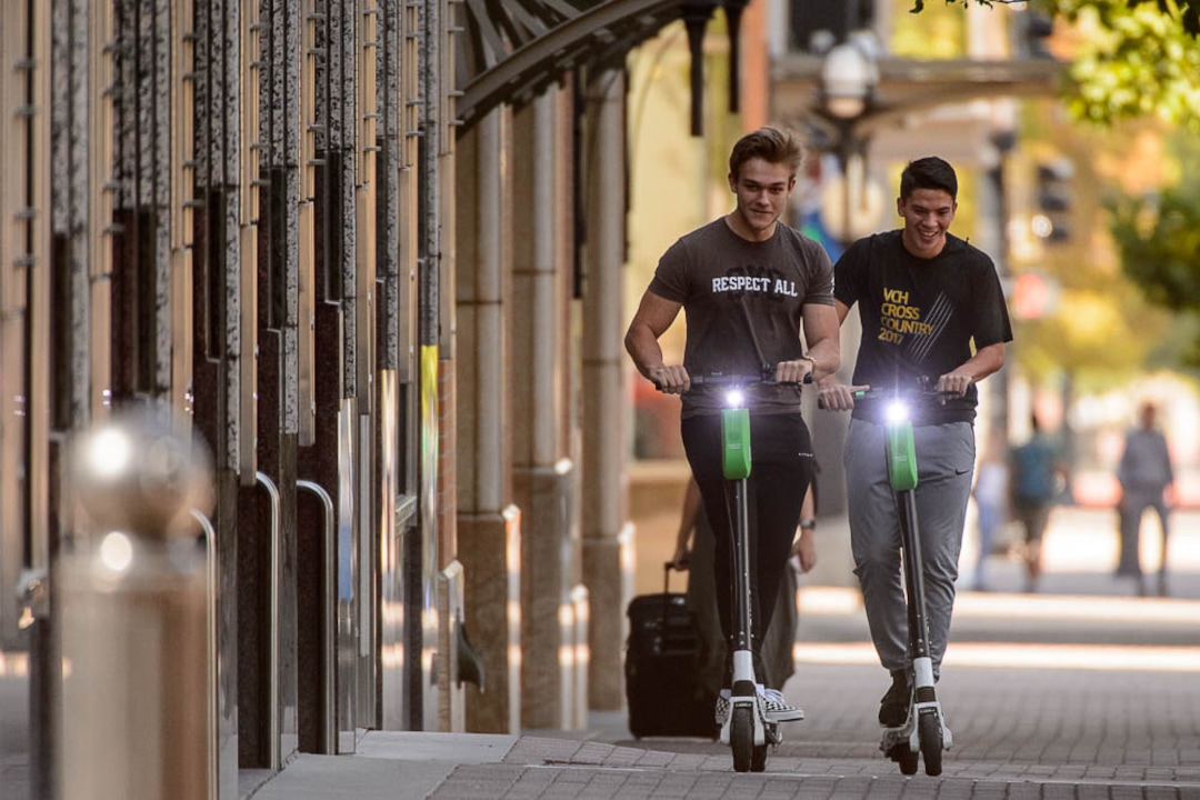 (Trent Nelson | The Salt Lake Tribune)  
Scooters have become a common sight in downtown Salt Lake City, Monday Sept. 10, 2018.