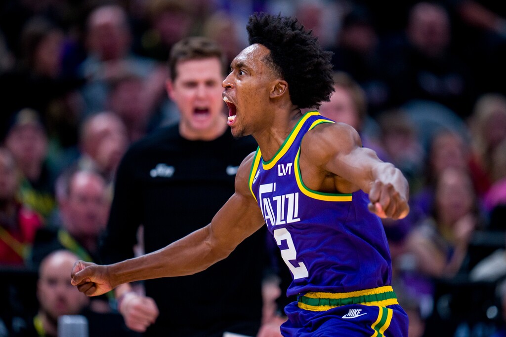 (Trent Nelson  |  The Salt Lake Tribune) Utah Jazz guard Collin Sexton (2) celebrates a stop as the Utah Jazz host the New York Knicks, NBA basketball on Wednesday, Dec. 13, 2023.