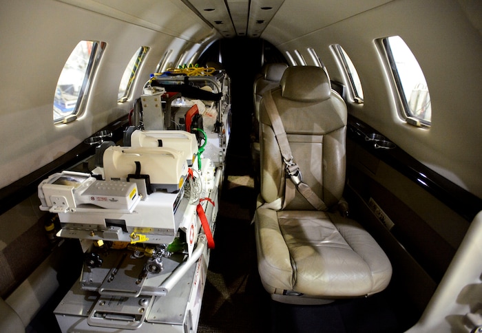 (Steve Griffin  |  The Salt Lake Tribune)  Interior of the new Intermountain Life Flight jet that will be used primarily to retrieve organs for transplantation in the Intermountain West, during a news conference at the Intermountain Life Flight Hangar at the Salt Lake International Airport in Salt Lake City Monday October 30, 2017.